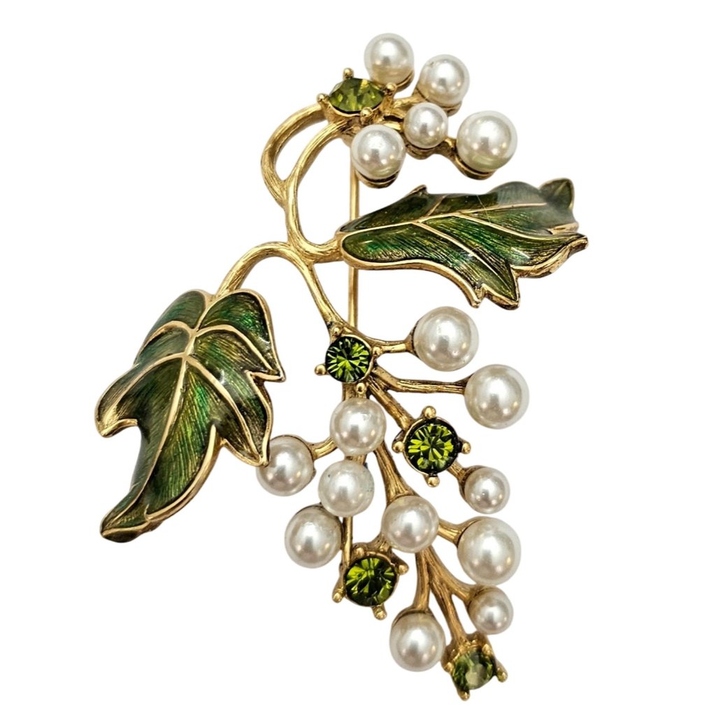 Mma Metropolitan Museum Of Art Faux Pearl Green Rhinestone Grape Vine Brooch